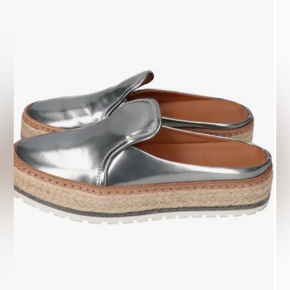 Brunello Cucinelli Metallic Leather Platform w Monili Trim Mule Espadrilles